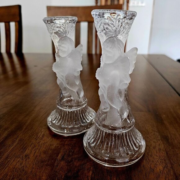 2 Victorian Glass Cherub Candle Holders Angel Candlesticks Set regency cottage - Picture 2 of 8